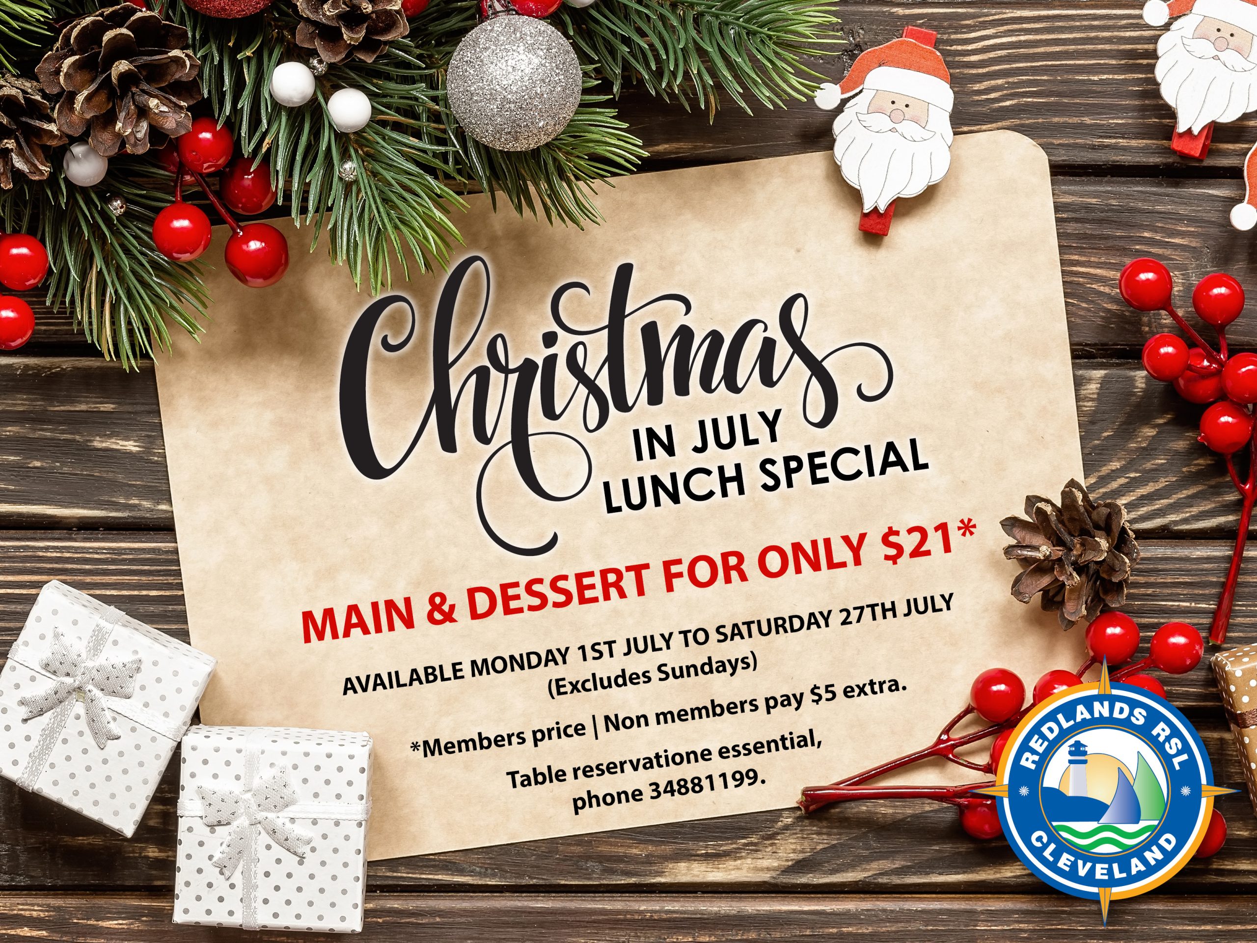 Christmas in July 2 Course Lunch Redlands RSL